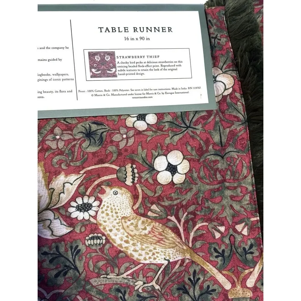William Morris & Co Strawberry Thief Table Runner Red Olive Green Fringe 16x90”